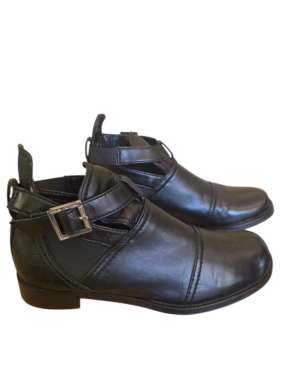 Armani Exchange Black Leather Ankle Booties with Buckle Strap